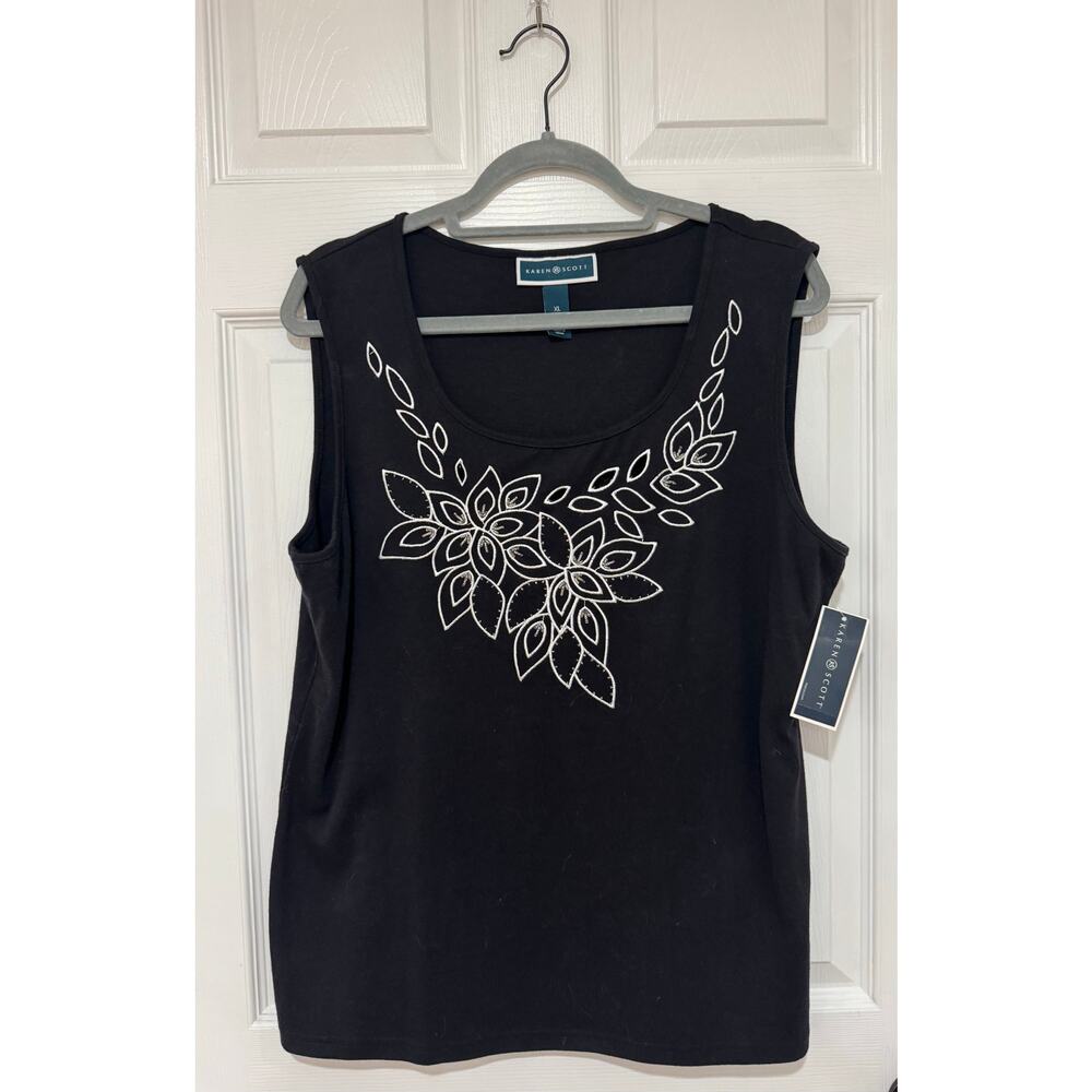 Karen Scott Beaded Floral Sleeveless Blouse Top XL NWT